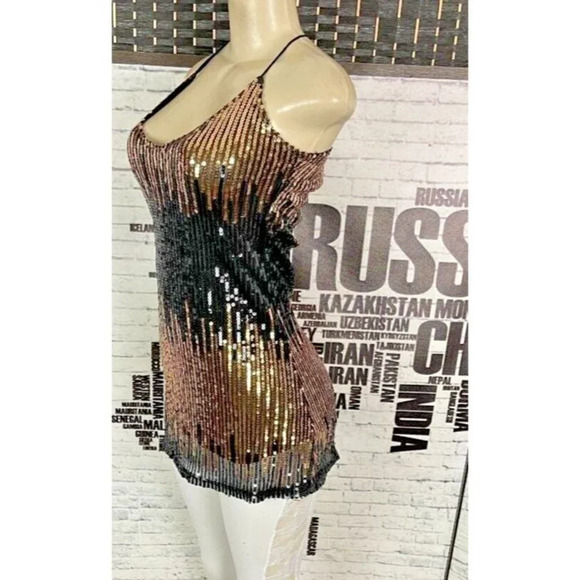Rhapsodielle Jrs M Black-Gold Ombre Mesh Sequin Lined Mini Slip Dress - Picture 3 of 5